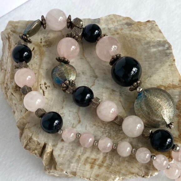 Sterling Silver 925 Rose Quartz Black Onyx Beaded Y Necklace 18.5" 81g Stone - Picture 15 of 16